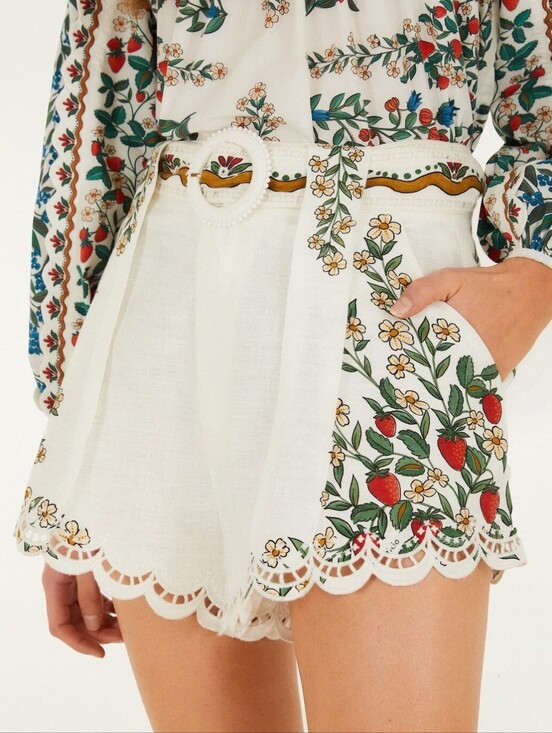 FARM Rio Pants - FARM Rio White Floral & Strawberry High-Waist Scalloped Shorts With Belt